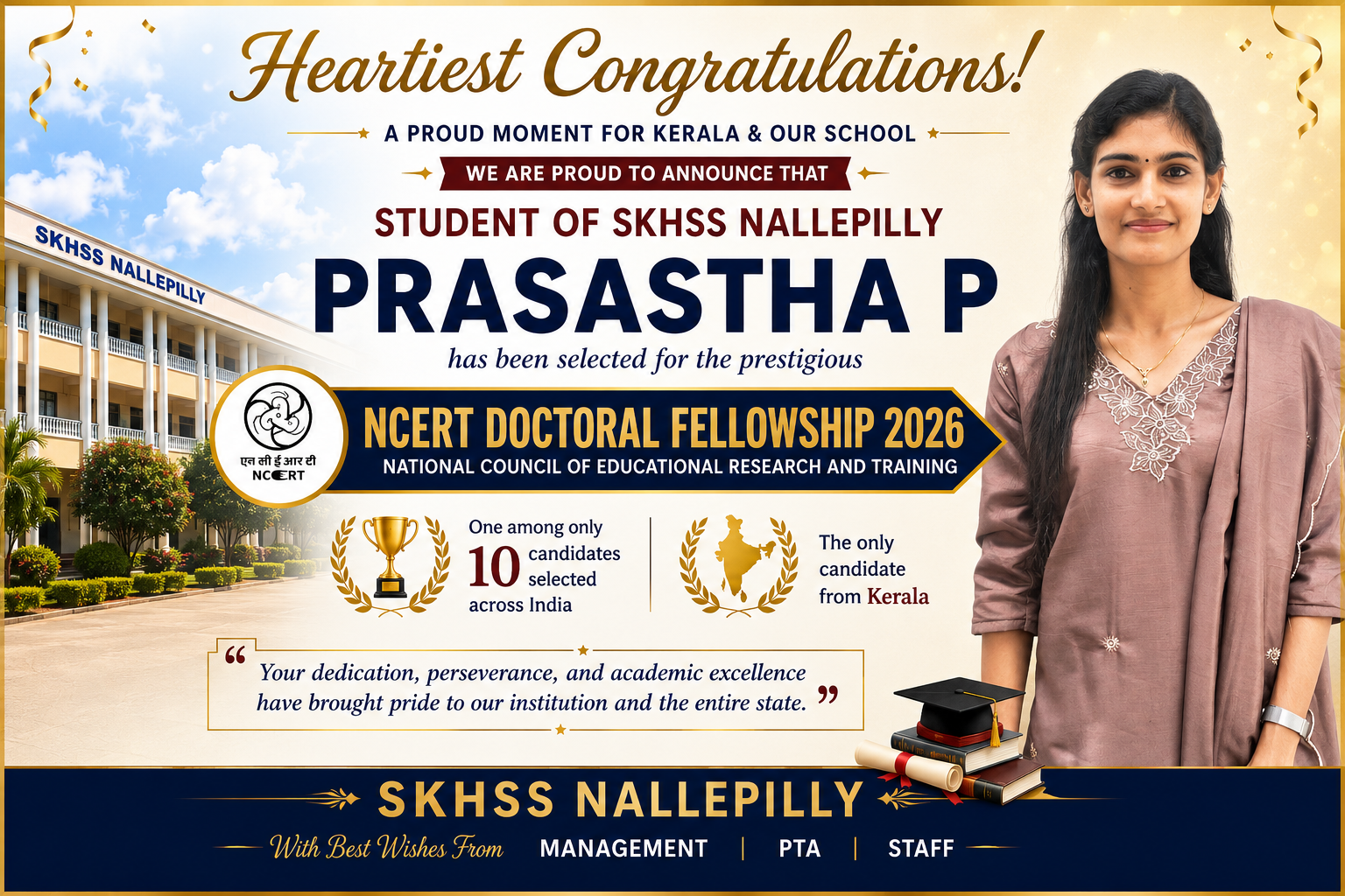 SKHSS Nallepilly Student Selected for NCERT Doctoral Fellowship 2026